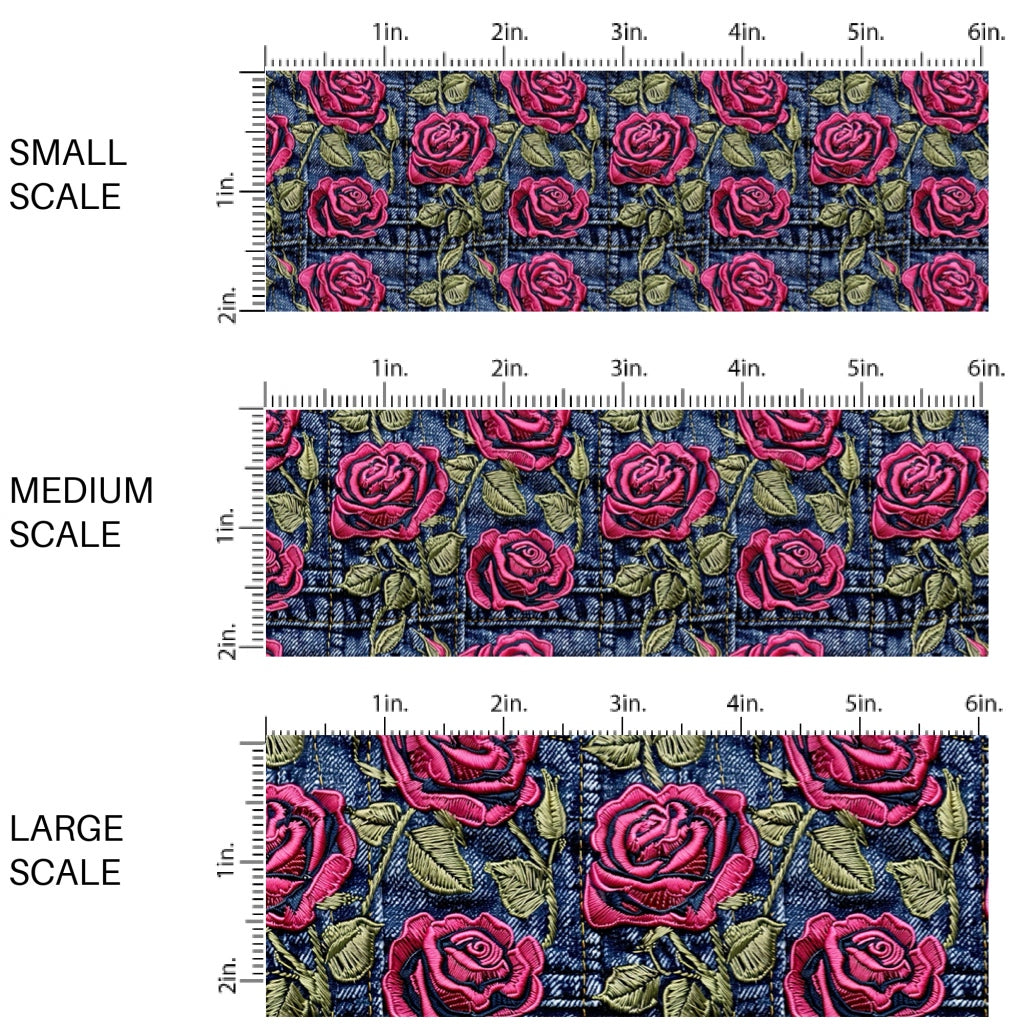 These spring fabric by the yard features embroidered rose flowers on denim pattern. This fun pattern fabric can be used for all your sewing and crafting needs!