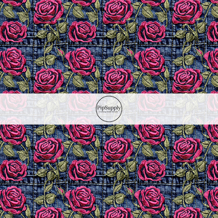 These spring fabric by the yard features embroidered rose flowers on denim pattern. This fun pattern fabric can be used for all your sewing and crafting needs!