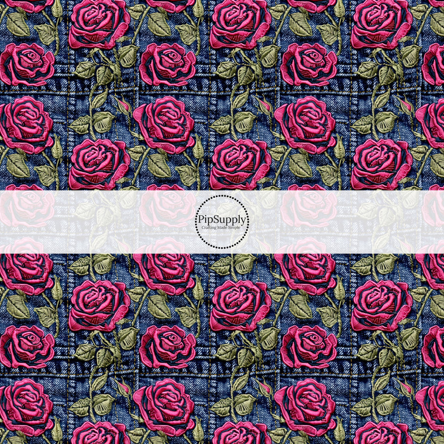 These spring fabric by the yard features embroidered rose flowers on denim pattern. This fun pattern fabric can be used for all your sewing and crafting needs!
