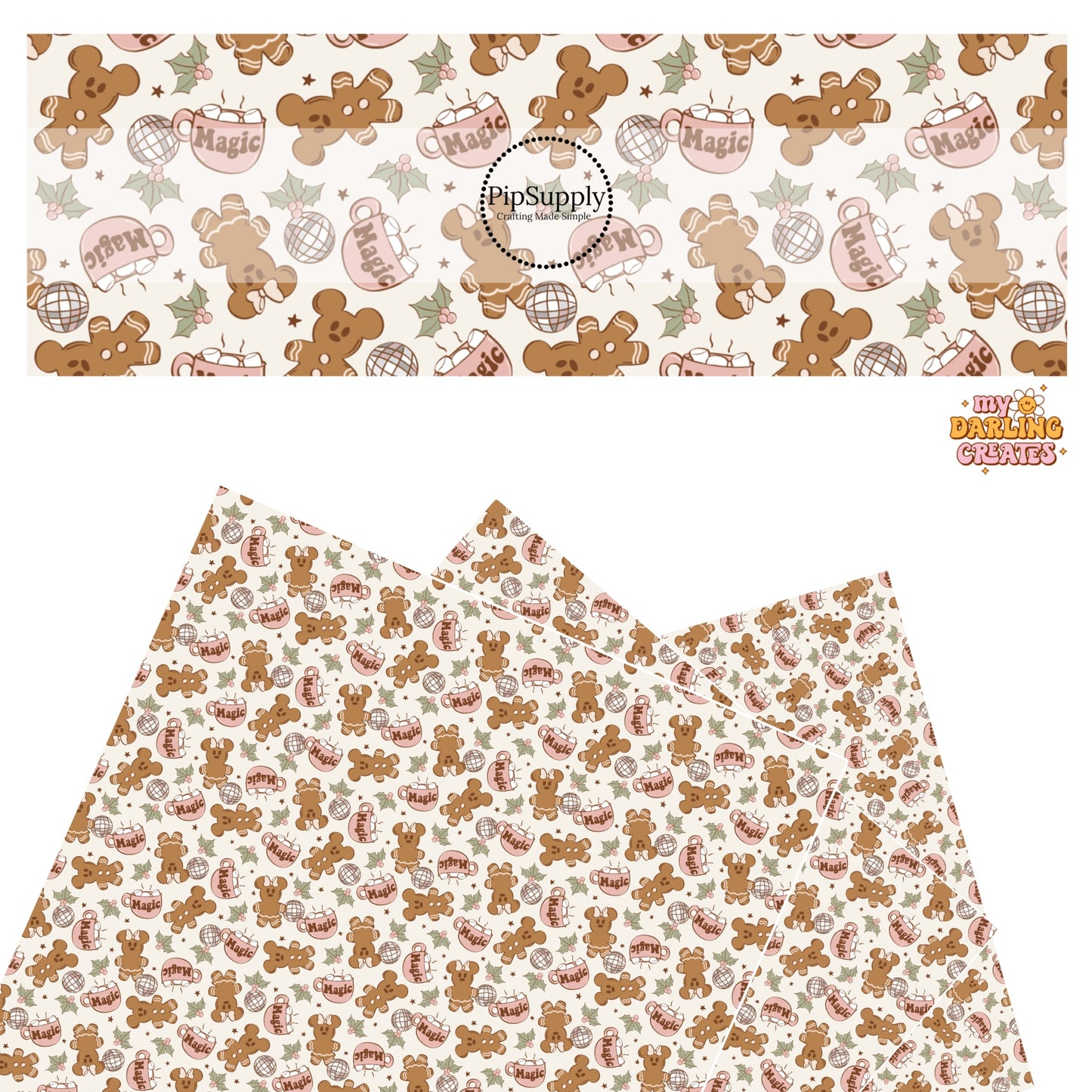 Mouse gingerbread man, magic cup of cocoa, holly, and disco ball on cream faux leather sheets