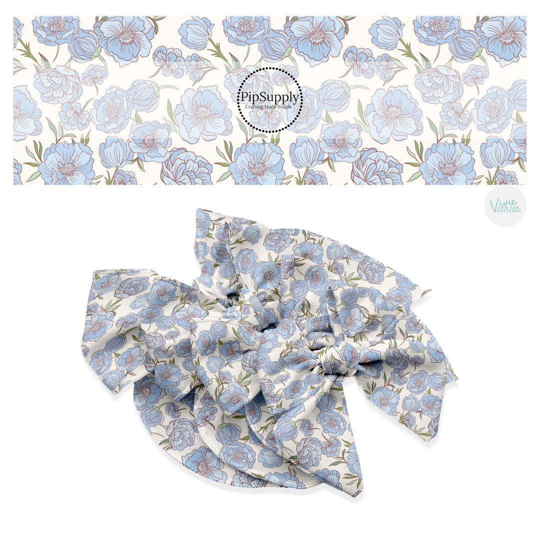 These spring floral pattern themed no sew bow strips can be easily tied and attached to a clip for a finished hair bow. These patterned bow strips are great for personal use or to sell. These bow strips features light blue flowers on cream.