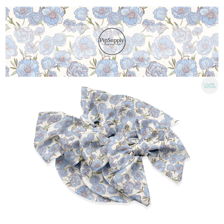 These spring floral pattern themed no sew bow strips can be easily tied and attached to a clip for a finished hair bow. These patterned bow strips are great for personal use or to sell. These bow strips features light blue flowers on cream.
