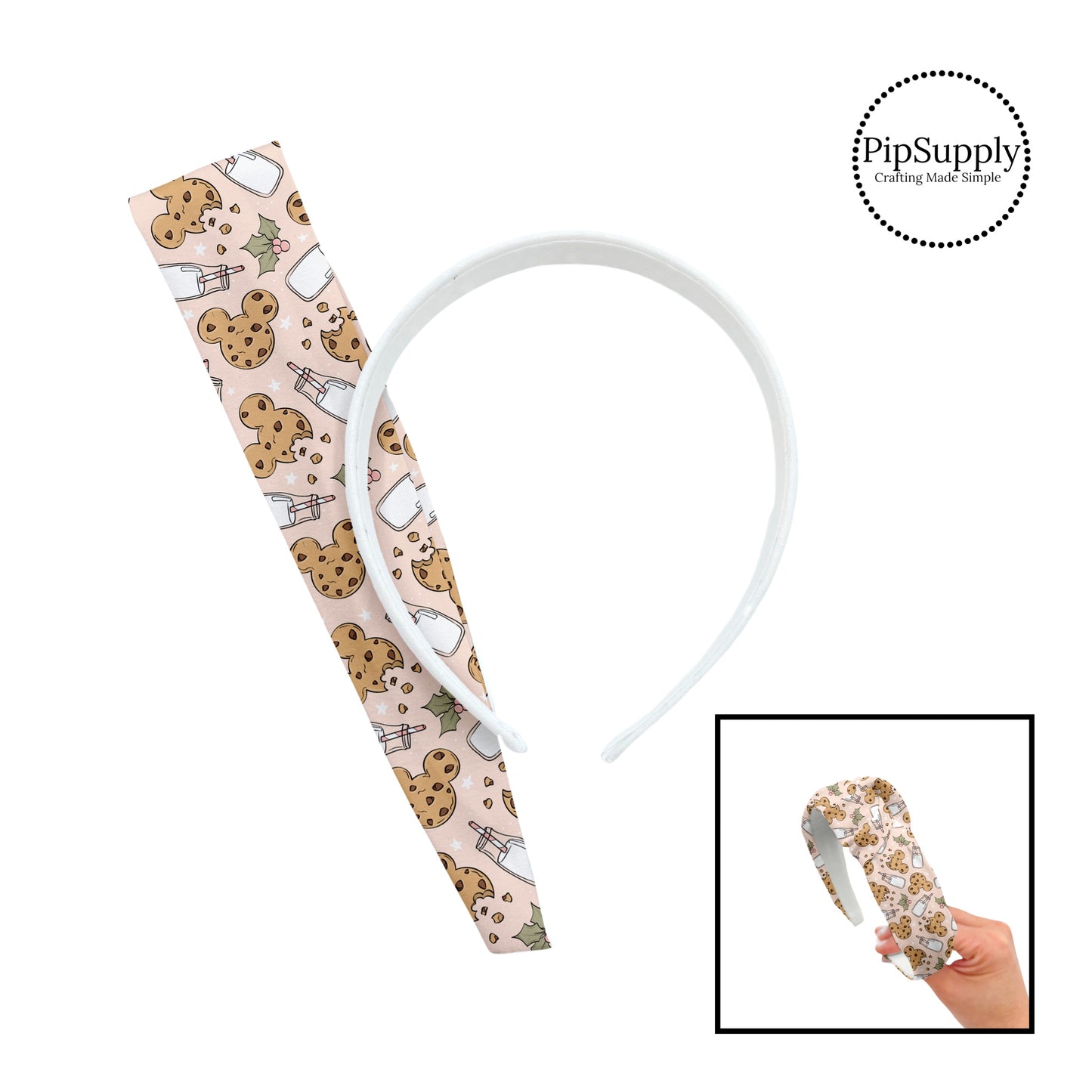 Holly, milk, mouse ear cookies, and stars on baby pink knotted headband