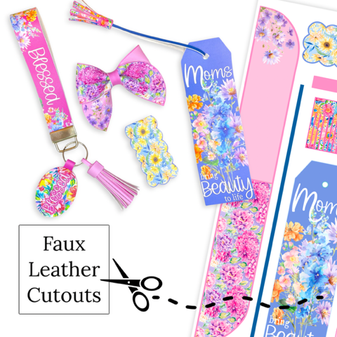 These Mother's Day floral themed faux leather bow cutouts are ready to cut and assemble for many craft projects. These patterned cutouts can be used to make a hair bow, headband, banner, photo props, scrapbook, party or classroom decorations, bulletin board trim or anything creative! You will receive one faux leather sheet with varying quantities of cutouts based on your selections.