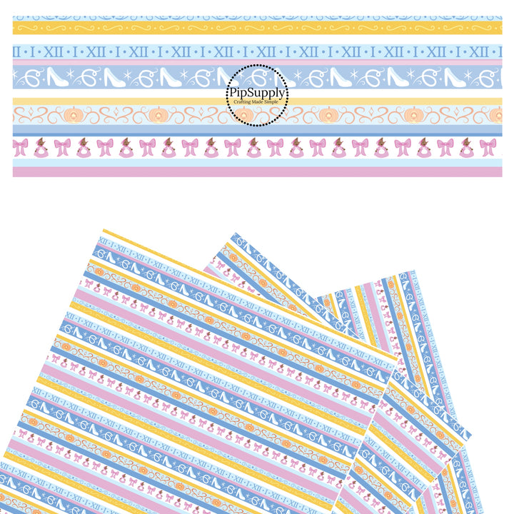 Glass slipper, pumpkin carriage, mouse maid, roman numerals, and swirls on princess stripes faux leather sheets