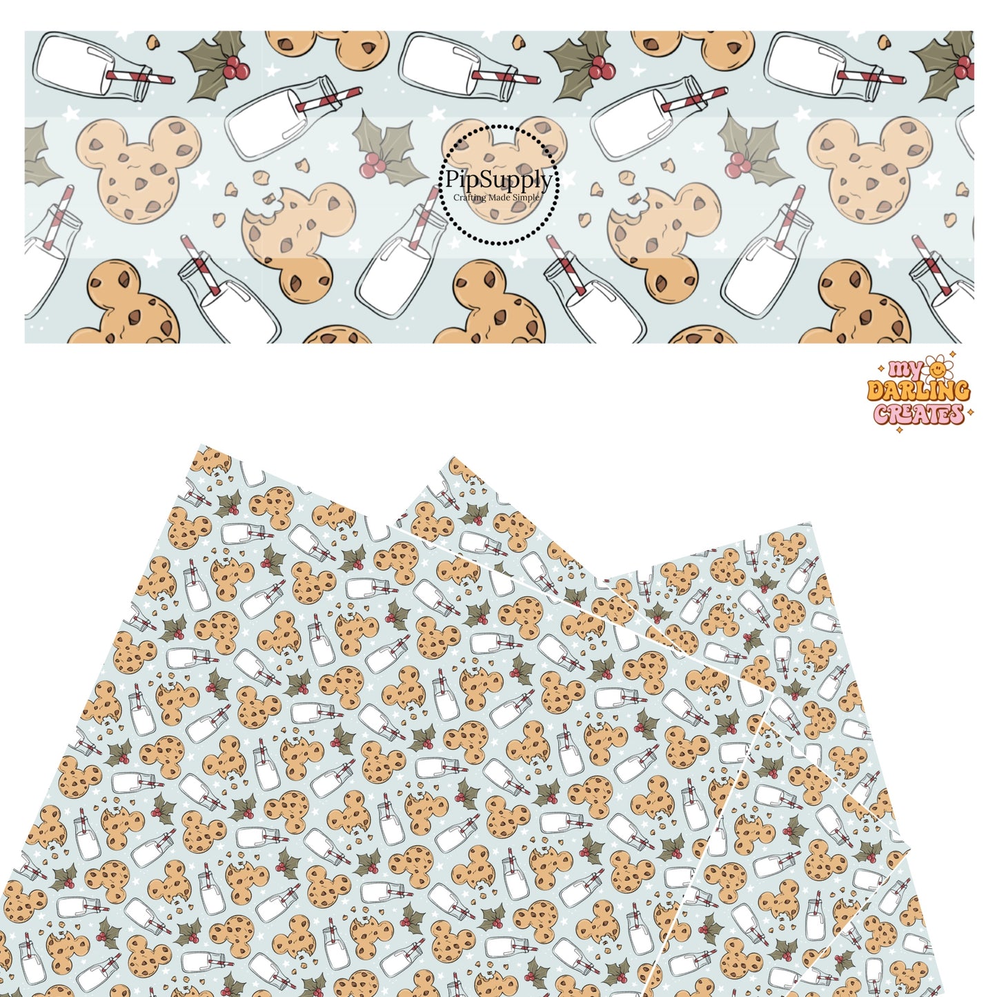 Milk, mouse ear cookies, holly, and stars on blue faux leather sheets