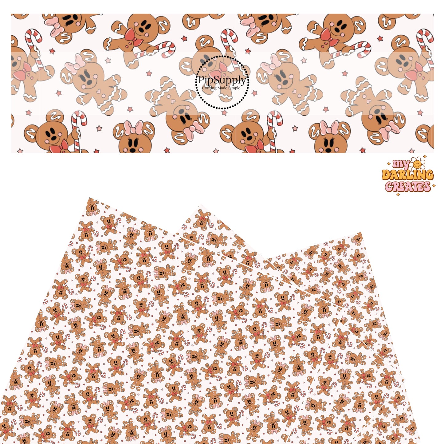 Gingerbread with mouse ears, candy canes, and stars on white faux leather sheets