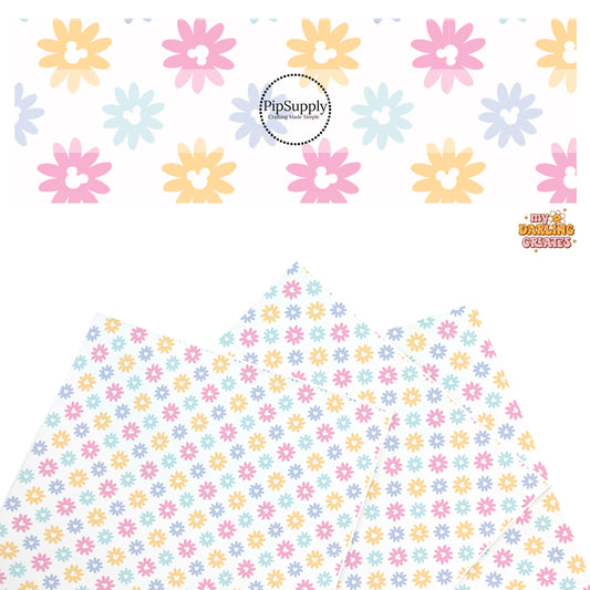 This magical inspired faux leather sheets contain the following design: multi colored daisies with mouse ears on cream. Our CPSIA compliant faux leather sheets or rolls can be used for all types of crafting projects.