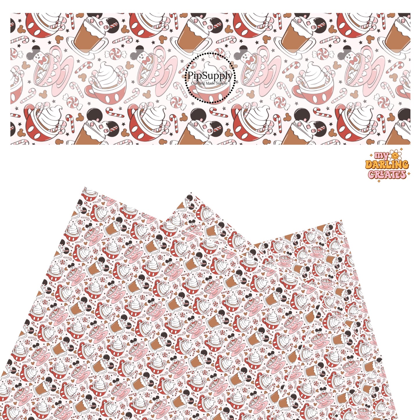 Cups of hot chocolate with mouse ears, candy, and candy canes on pink faux leather sheets