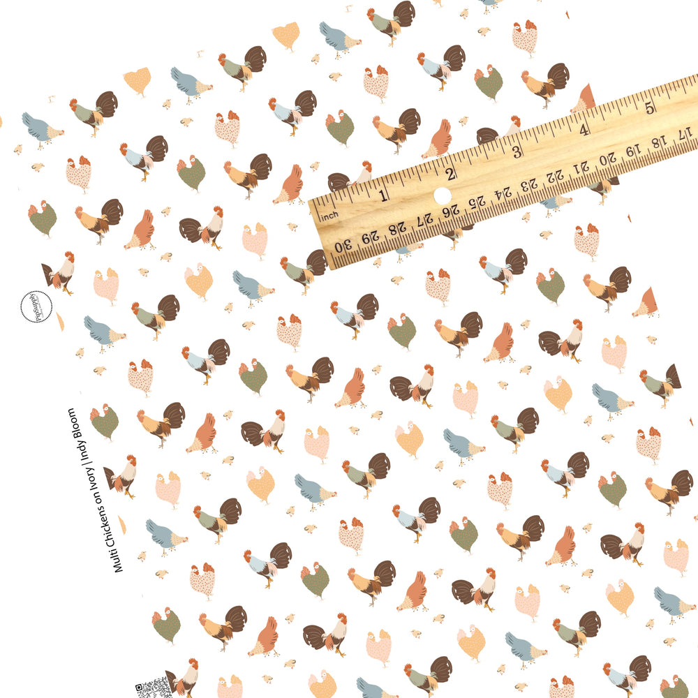 These farm animals on ivory faux leather sheets contain the following design elements: colorful chickens in red, brown, green, blue, and tan.