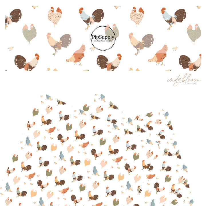 These farm animals on ivory faux leather sheets contain the following design elements: colorful chickens in red, brown, green, blue, and tan.