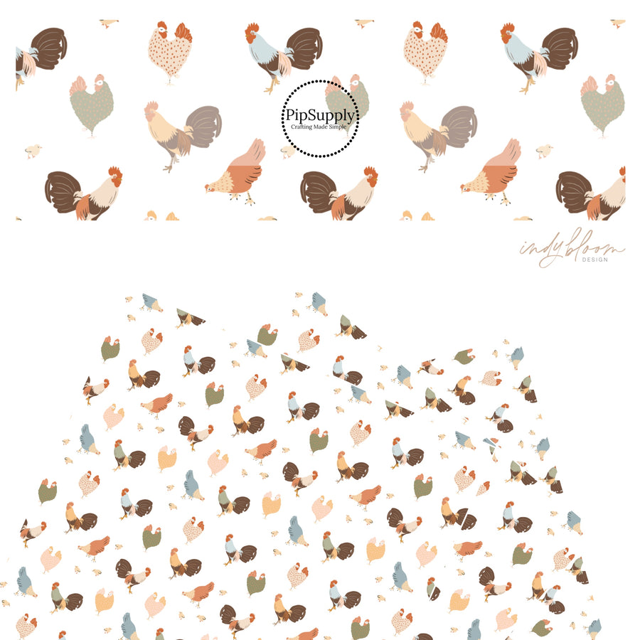These farm animals on ivory faux leather sheets contain the following design elements: colorful chickens in red, brown, green, blue, and tan.
