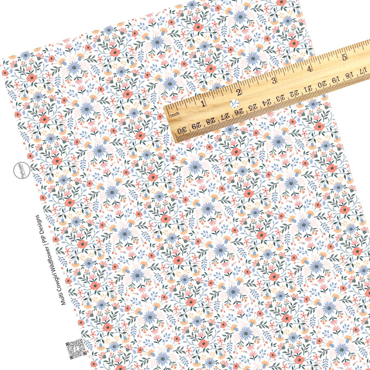 These spring wildflower faux leather sheets contain the following design elements: multi color wildflowers. Our CPSIA compliant faux leather sheets or rolls can be used for all types of crafting projects. The designer of this pattern is Hay Sis Hay.