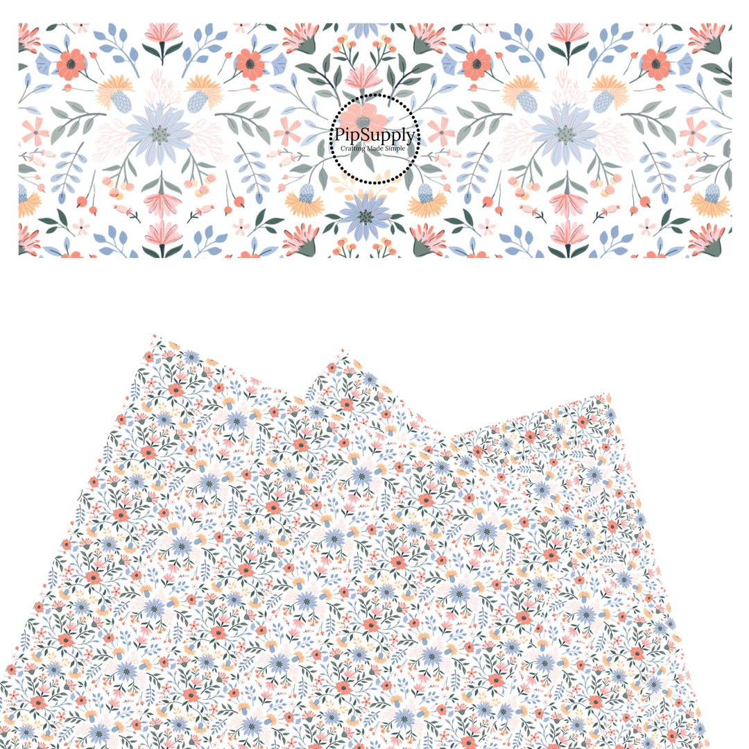 These spring wildflower faux leather sheets contain the following design elements: multi color wildflowers. Our CPSIA compliant faux leather sheets or rolls can be used for all types of crafting projects. The designer of this pattern is Hay Sis Hay.