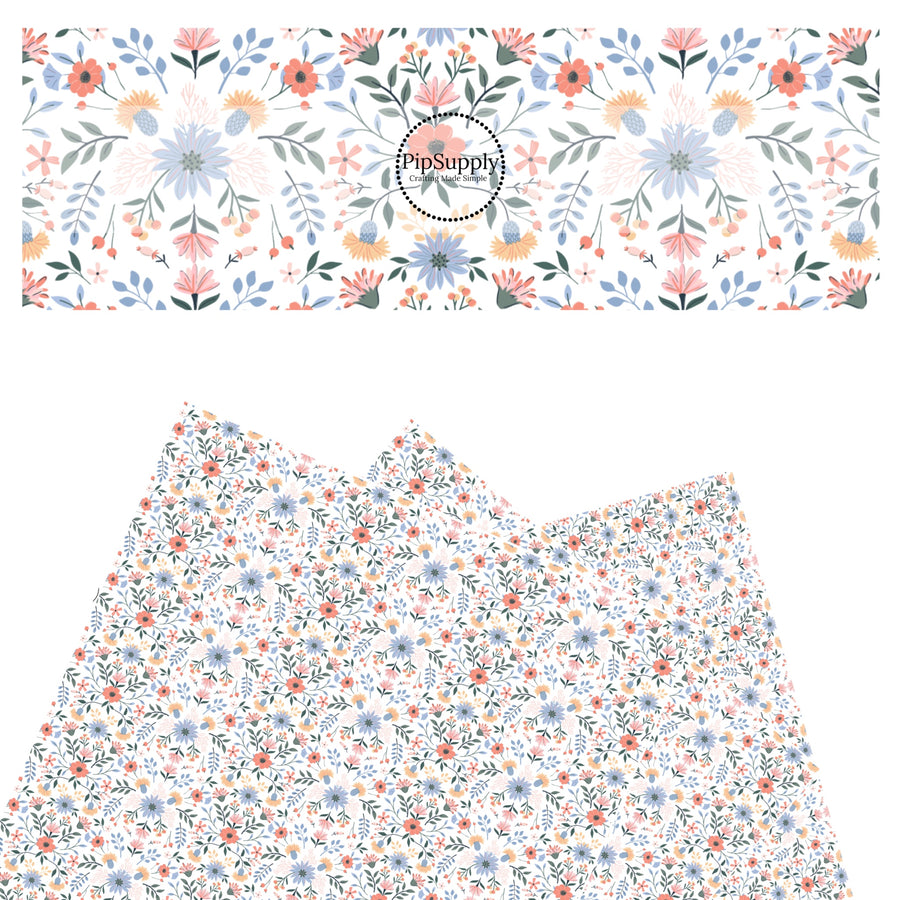 These spring wildflower faux leather sheets contain the following design elements: multi color wildflowers. Our CPSIA compliant faux leather sheets or rolls can be used for all types of crafting projects. The designer of this pattern is Hay Sis Hay.