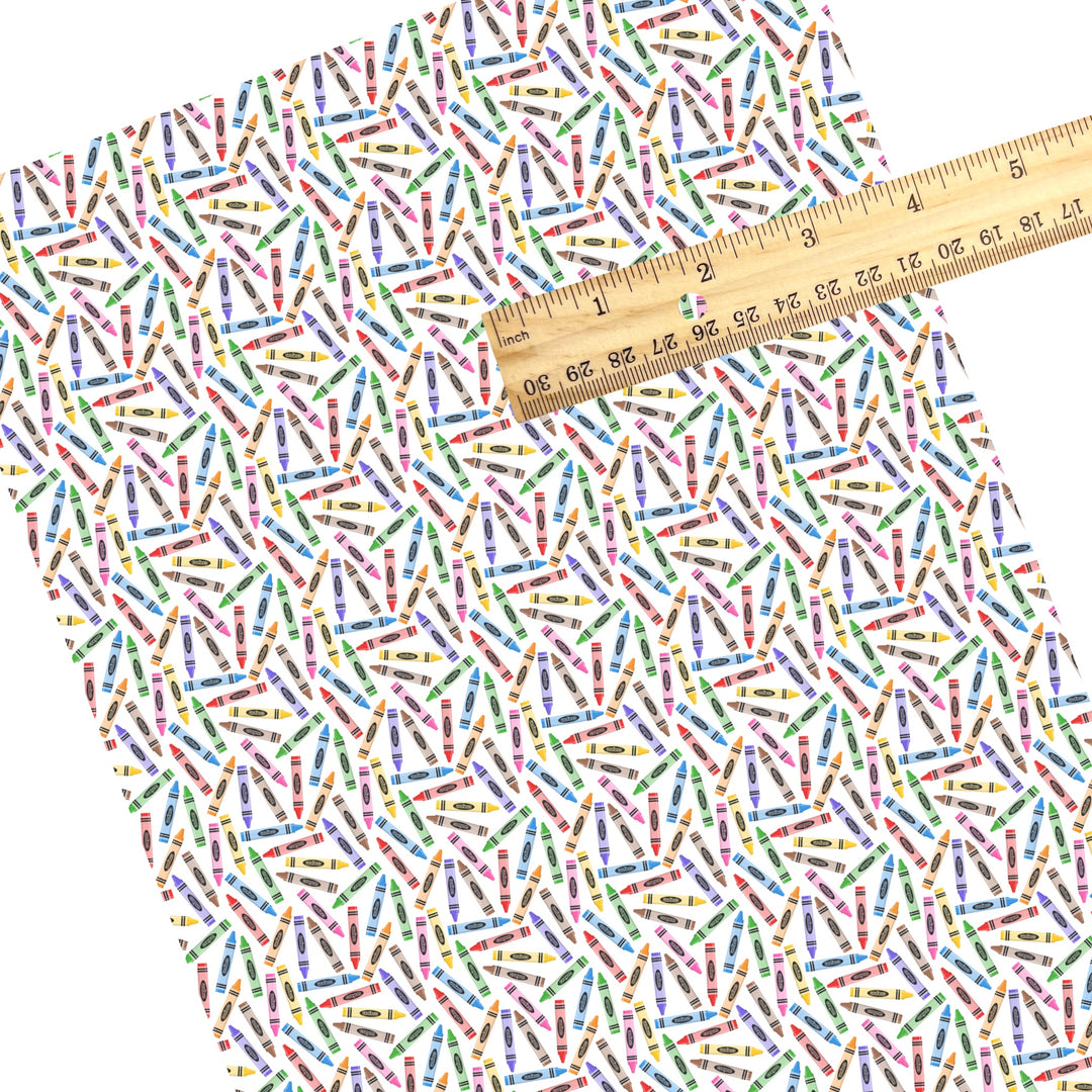 These school themed faux leather sheets contain the following design elements: colorful crayon pattern. Our CPSIA compliant faux leather sheets or rolls can be used for all types of crafting projects.