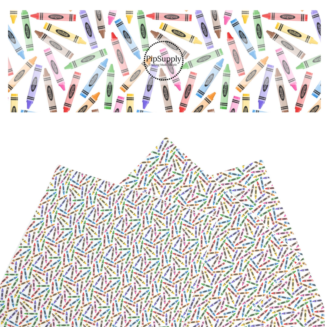 These school themed faux leather sheets contain the following design elements: colorful crayon pattern. Our CPSIA compliant faux leather sheets or rolls can be used for all types of crafting projects.