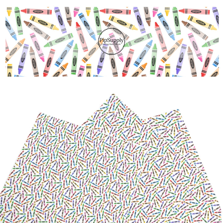 These school themed faux leather sheets contain the following design elements: colorful crayon pattern. Our CPSIA compliant faux leather sheets or rolls can be used for all types of crafting projects.