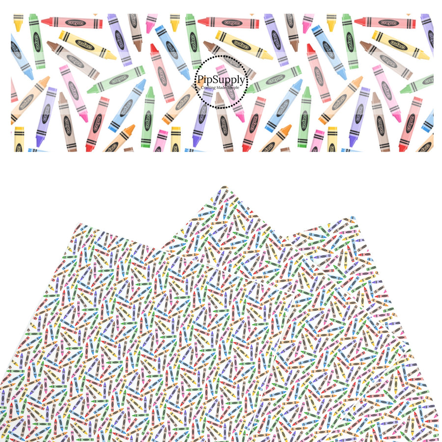 These school themed faux leather sheets contain the following design elements: colorful crayon pattern. Our CPSIA compliant faux leather sheets or rolls can be used for all types of crafting projects.