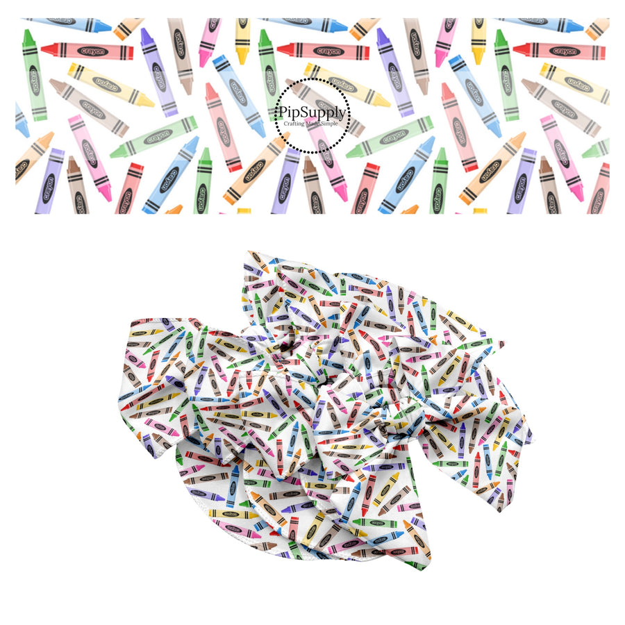 These school themed no sew bow strips can be easily tied and attached to a clip for a finished hair bow. These bow strips are great for personal use or to sell. These bow strips feature the following design elements: colorful crayon pattern.