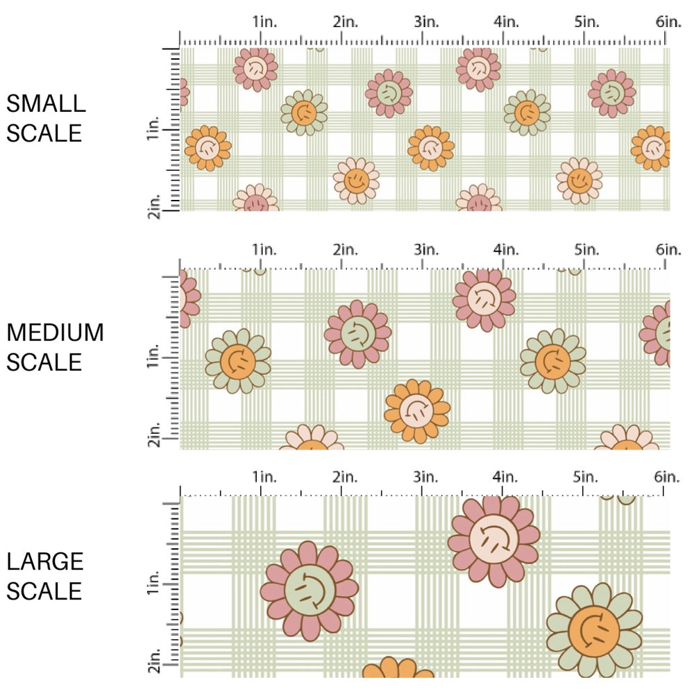 This spring fabric by the yard features smiley flowers on green and cream gingham. This fun pattern fabric can be used for all your sewing and crafting needs!