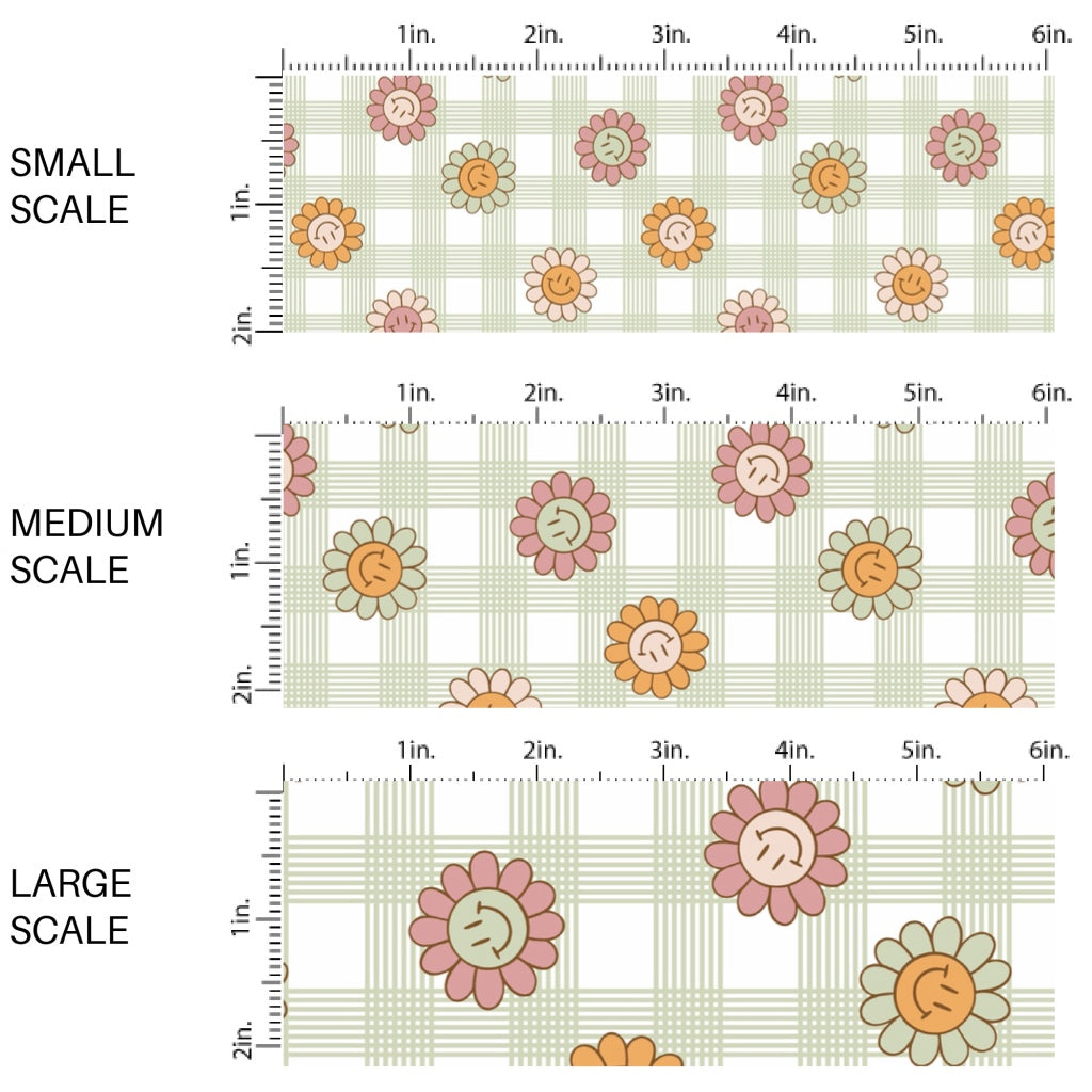 This spring fabric by the yard features smiley flowers on green and cream gingham. This fun pattern fabric can be used for all your sewing and crafting needs!