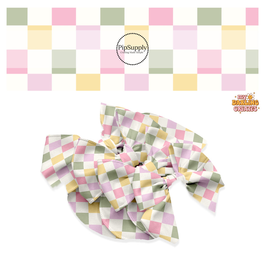 These St. Patrick's Day pattern no sew bow strips can be easily tied and attached to a clip for a finished hair bow. These adorable bow strips are great for personal use or to sell. The bow strips feature pink, yellow, and green checkered pattern.