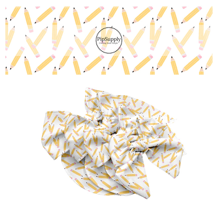 These school themed no sew bow strips can be easily tied and attached to a clip for a finished hair bow. These bow strips are great for personal use or to sell. These bow strips feature the following design elements: pastel pencil pattern.