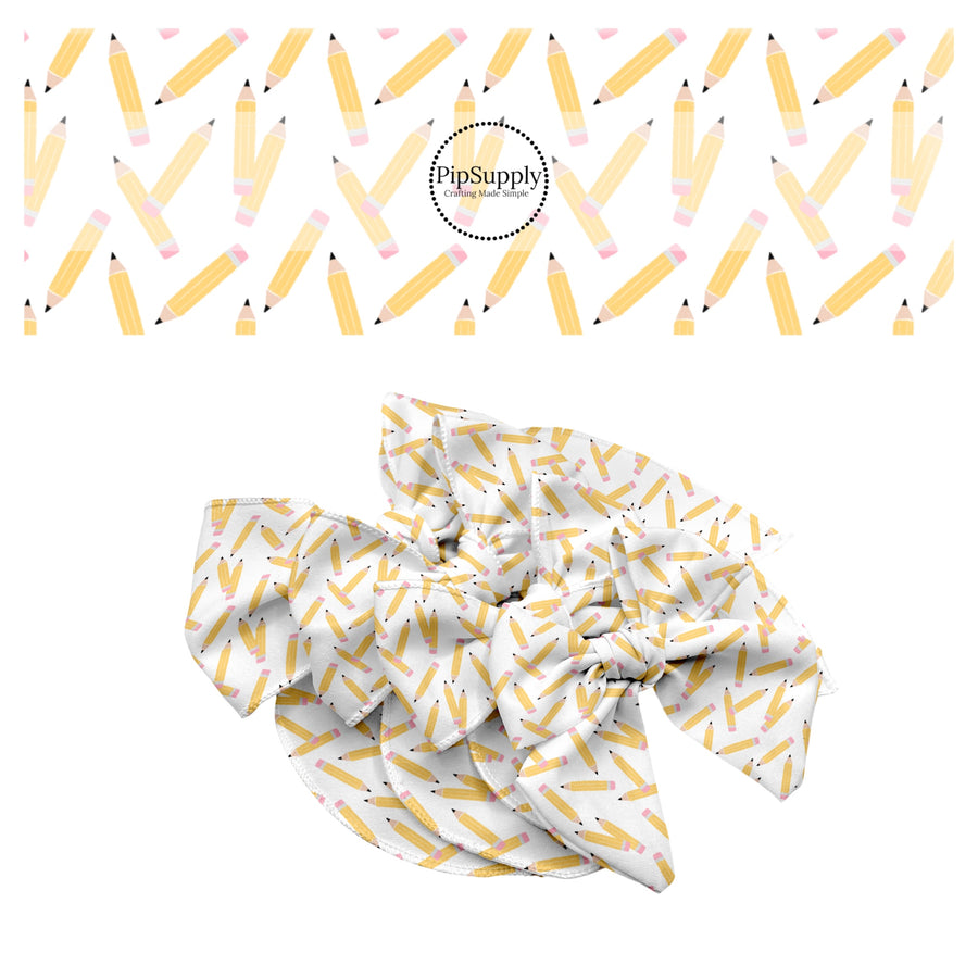 These school themed no sew bow strips can be easily tied and attached to a clip for a finished hair bow. These bow strips are great for personal use or to sell. These bow strips feature the following design elements: pastel pencil pattern.