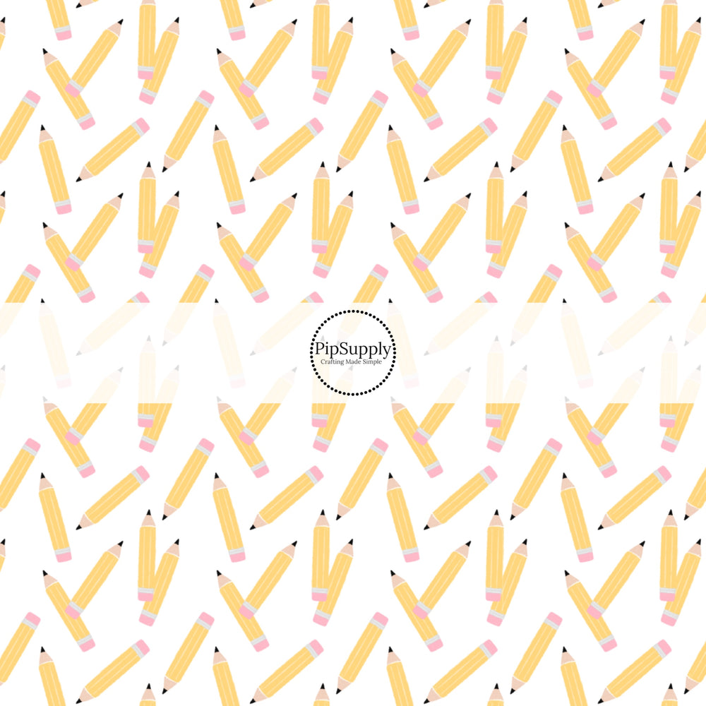 These school themed no sew bow strips can be easily tied and attached to a clip for a finished hair bow. These bow strips are great for personal use or to sell. These bow strips feature the following design elements: pastel pencil pattern.