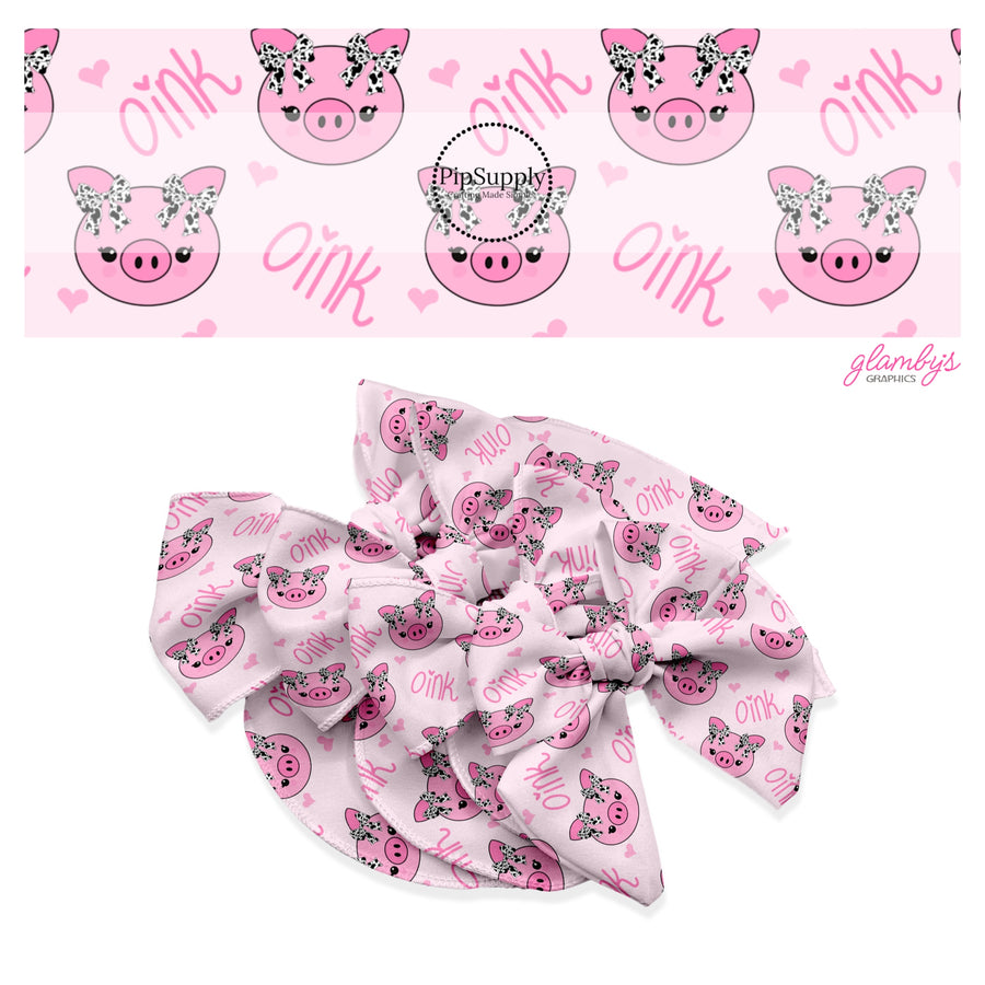 These farm animal pattern no sew bow strips can be easily tied and attached to a clip for a finished hair bow. These bow strips are great for personal use or to sell. The bow strips feature pink piggies with cow pattern bows on light pink.