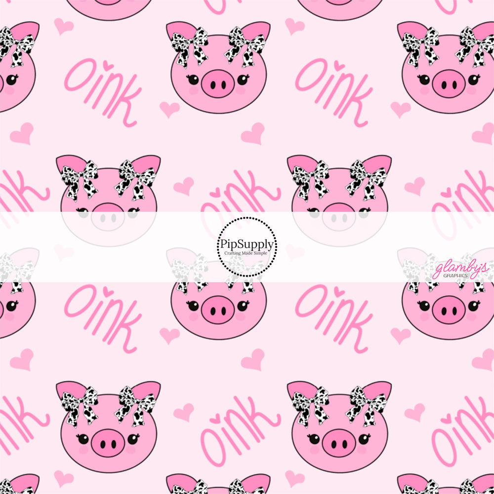 These farm animal pattern no sew bow strips can be easily tied and attached to a clip for a finished hair bow. These bow strips are great for personal use or to sell. The bow strips feature pink piggies with cow pattern bows on light pink.