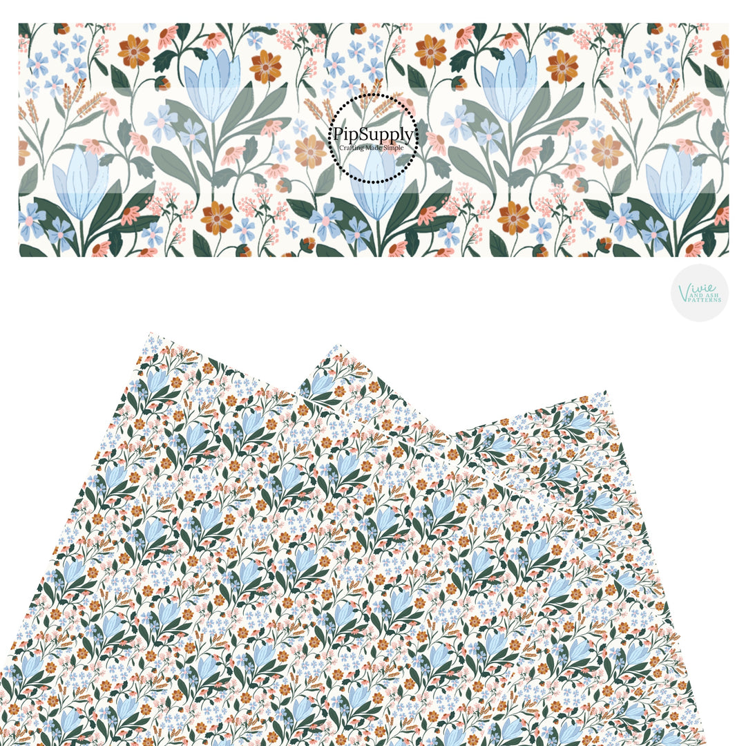 These spring floral faux leather sheets contain the following design elements: light blue and light pink flowers with green leaves on cream. Our CPSIA compliant faux leather sheets or rolls can be used for all types of crafting projects.