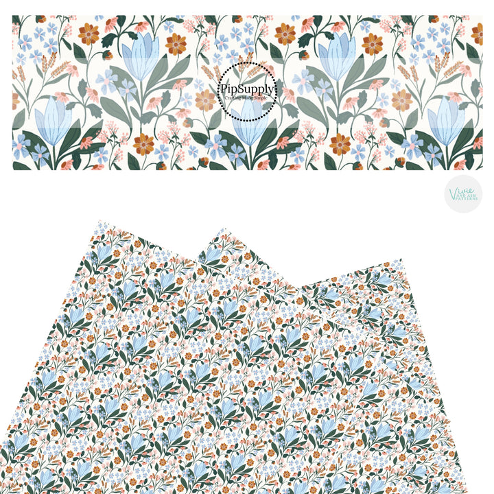 These spring floral faux leather sheets contain the following design elements: light blue and light pink flowers with green leaves on cream. Our CPSIA compliant faux leather sheets or rolls can be used for all types of crafting projects.