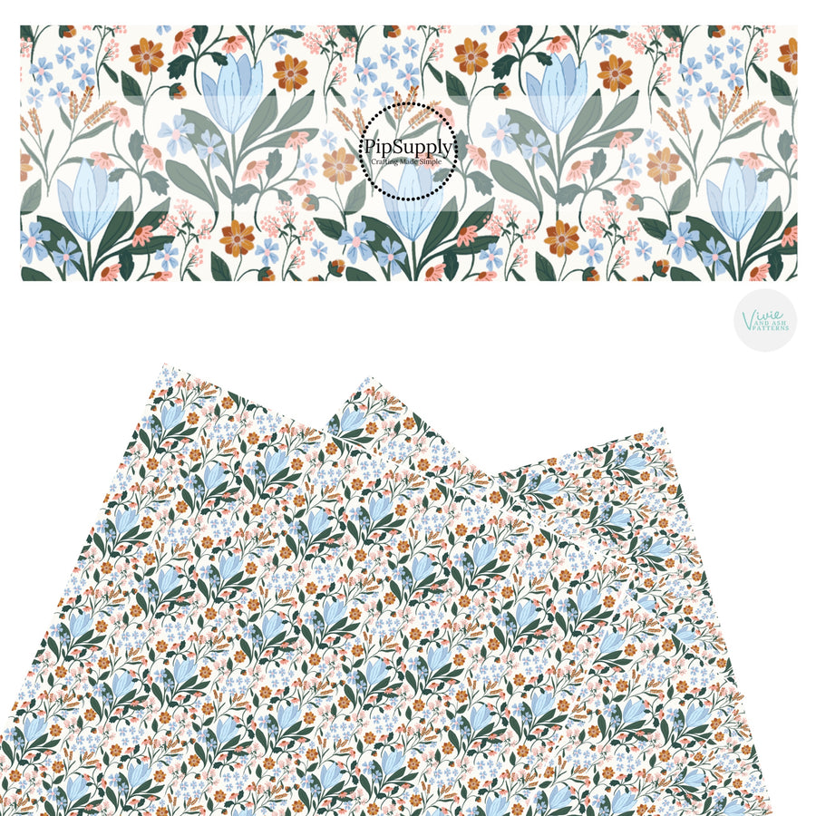 These spring floral faux leather sheets contain the following design elements: light blue and light pink flowers with green leaves on cream. Our CPSIA compliant faux leather sheets or rolls can be used for all types of crafting projects.