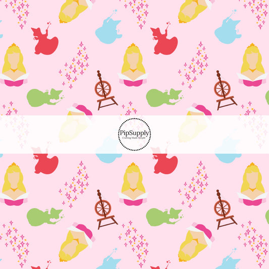This magical adventure inspired fabric by the yard features the following design: princess and good fairies on light pink. This fun themed fabric can be used for all your sewing and crafting needs!