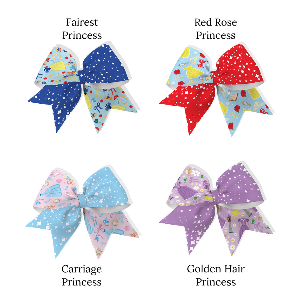 These princess themed neoprene cheer bows can be quickly cut and assembled for a trendy bow. They're ideal for easy at-home styling, individual use, or even resale. Get creative and add a splash of color to your look with these low-maintenance bows.