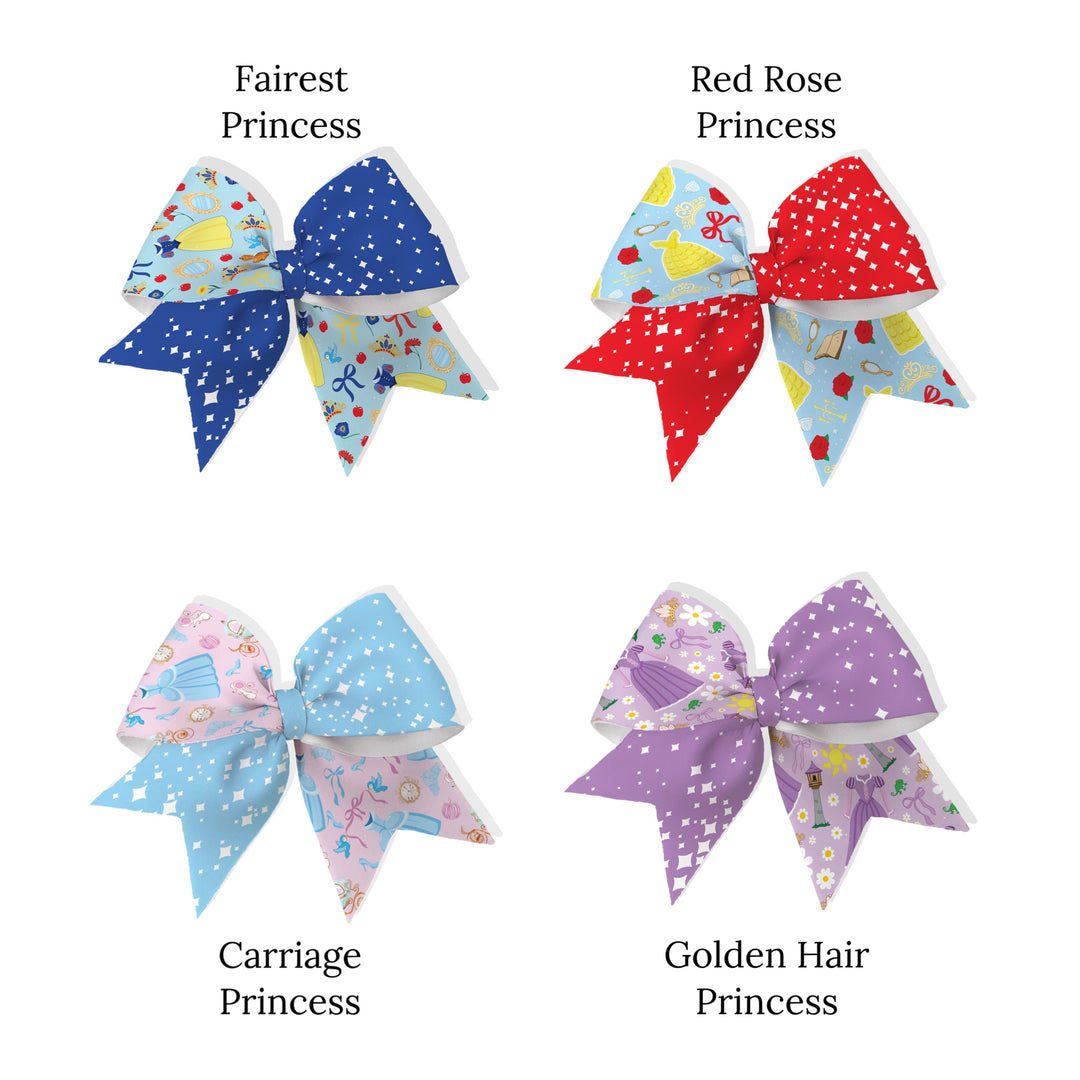 These princess themed neoprene cheer bows can be quickly cut and assembled for a trendy bow. They're ideal for easy at-home styling, individual use, or even resale. Get creative and add a splash of color to your look with these low-maintenance bows.