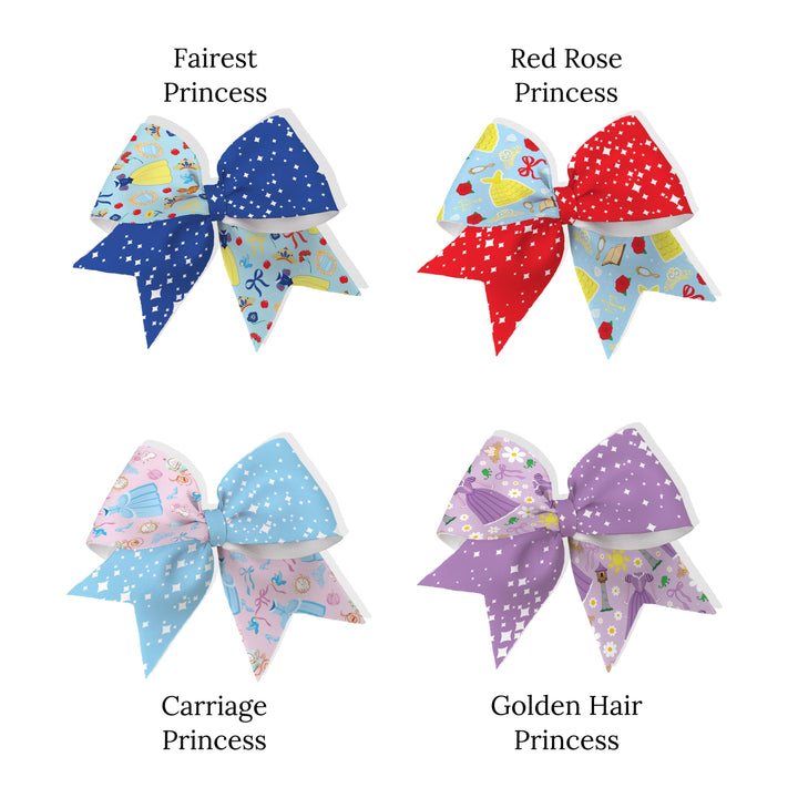 These princess themed neoprene cheer bows can be quickly cut and assembled for a trendy bow. They're ideal for easy at-home styling, individual use, or even resale. Get creative and add a splash of color to your look with these low-maintenance bows.