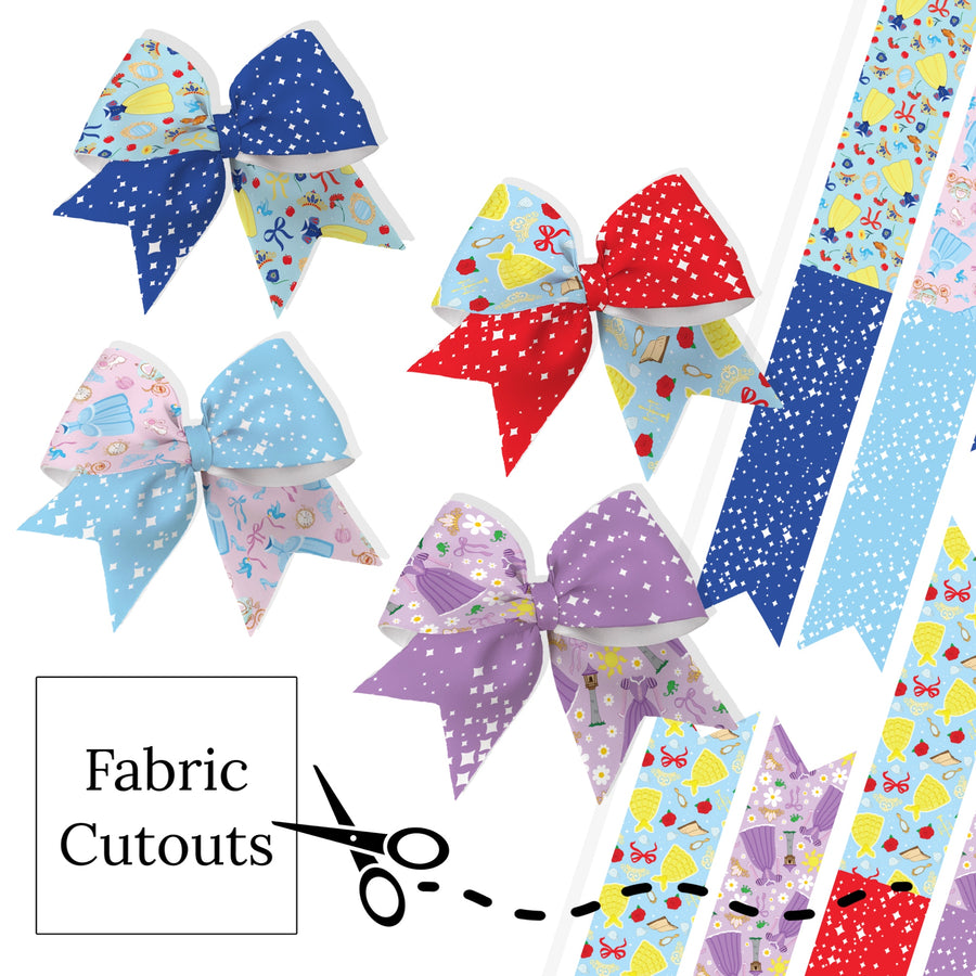 These princess themed neoprene cheer bows can be quickly cut and assembled for a trendy bow. They're ideal for easy at-home styling, individual use, or even resale. Get creative and add a splash of color to your look with these low-maintenance bows.