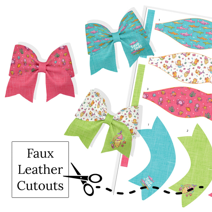These ocean themed layered faux leather bows with colorful fish are ready to cut and assemble for many craft projects. These patterned cutouts can be used to make a hair bow, headband, banner, photo props, scrapbook, party or classroom decorations, bulletin board trim or anything creative! You will receive one faux leather sheet with varying quantities of cutouts based on your selections.
