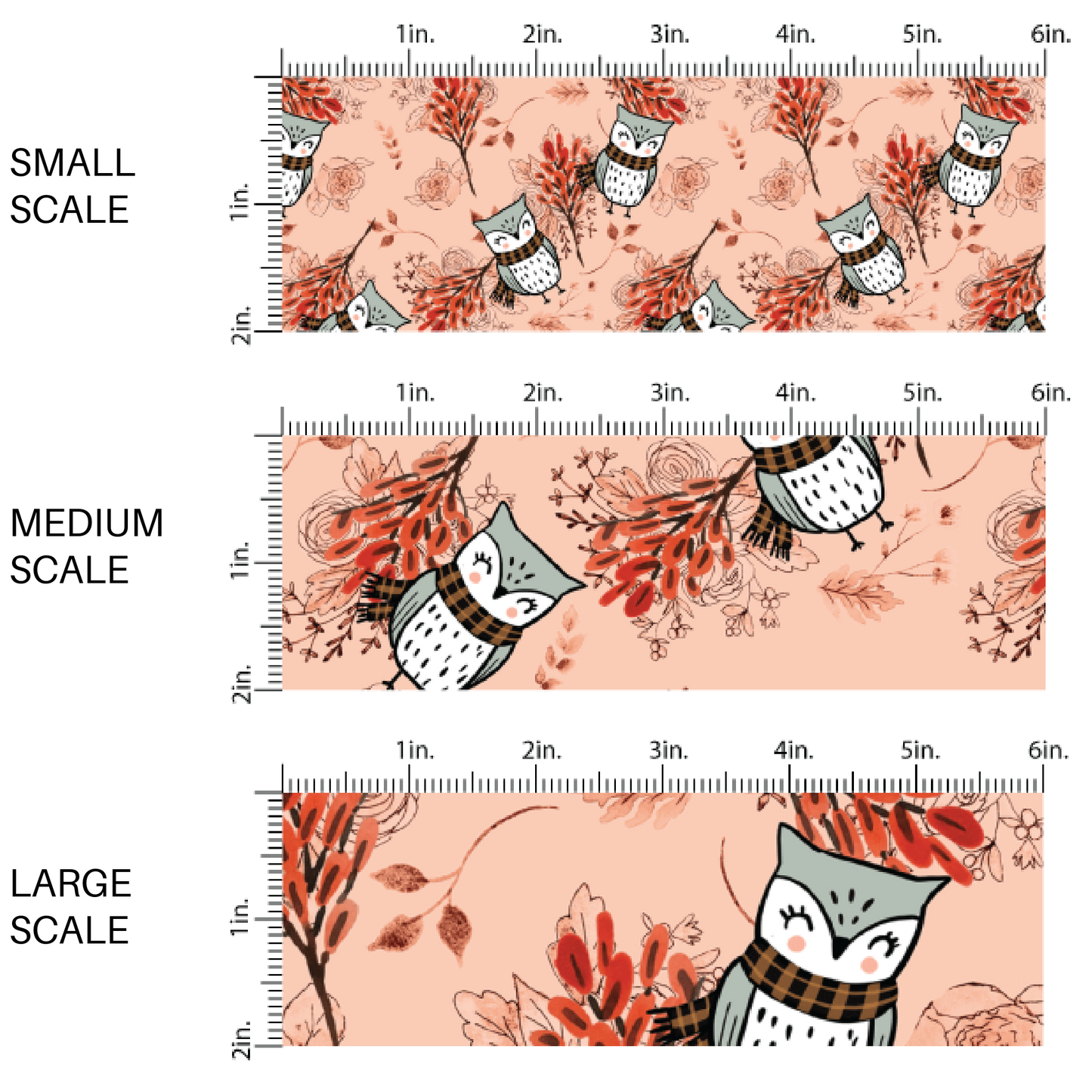 This scale chart of small scale, medium scale, and large scale of these fall themed peach fabric by the yard features autumn branches and leaves with owls on light pink. This fun fall themed fabric can be used for all your sewing and crafting needs!
