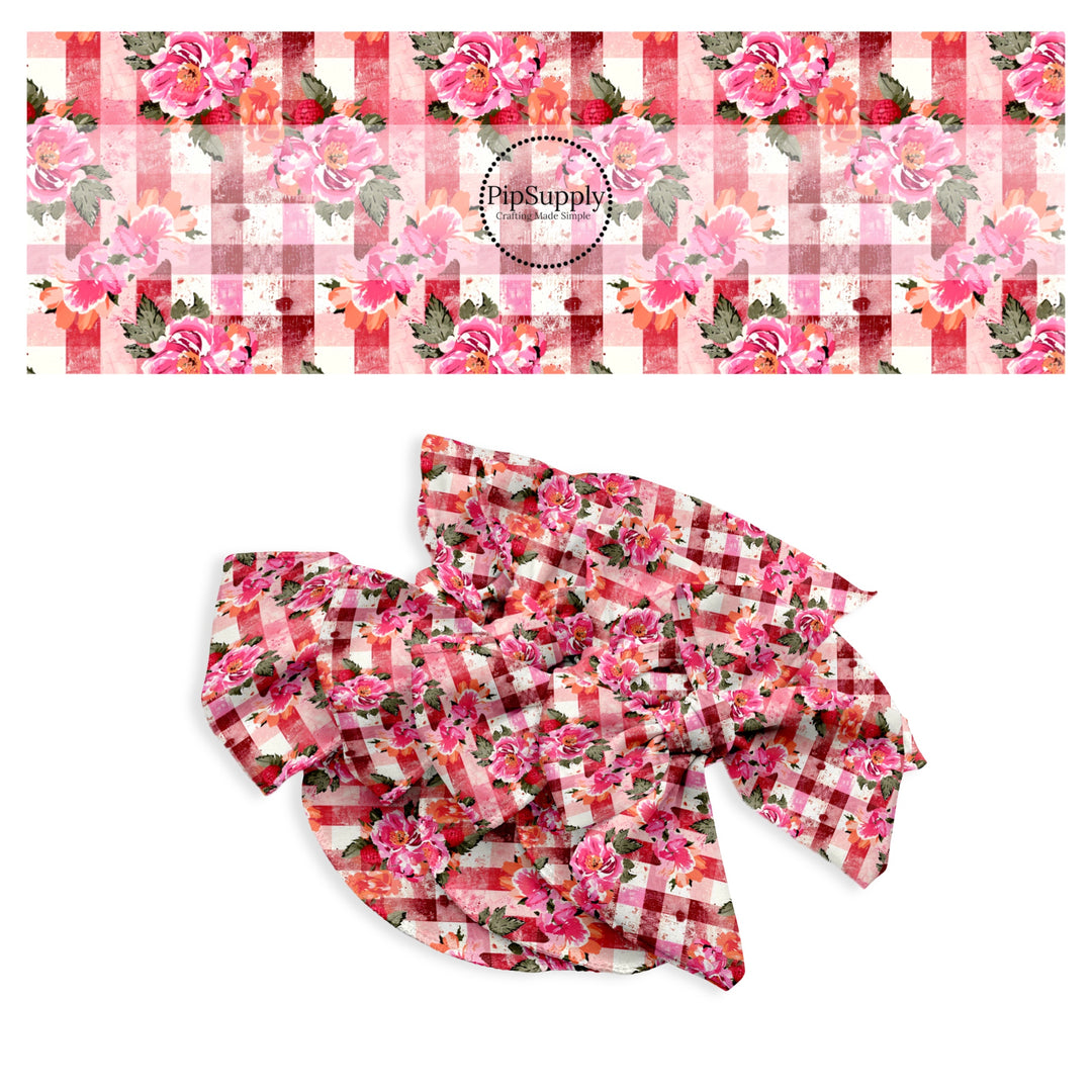 These spring no sew bow strips can be easily tied and attached to a clip for a finished hair bow. These bow strips are great for personal use or to sell. These bow strips feature the following design elements: watercolor flowers on plaid pattern.