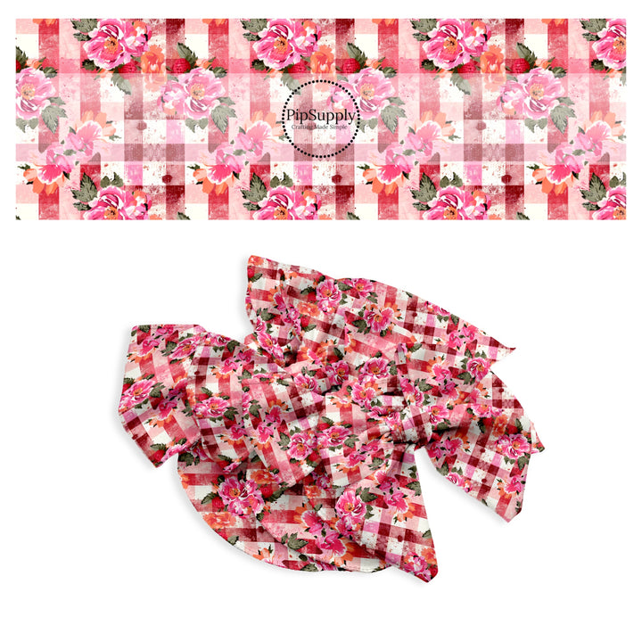 These spring no sew bow strips can be easily tied and attached to a clip for a finished hair bow. These bow strips are great for personal use or to sell. These bow strips feature the following design elements: watercolor flowers on plaid pattern.