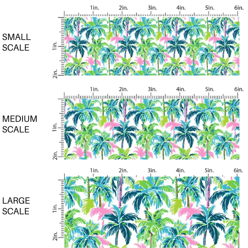 These tropical themed fabric by the yard features tropical palm trees. This fun pattern fabric can be used for all your sewing and crafting needs!