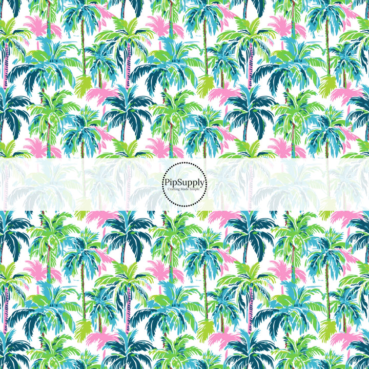 These tropical themed fabric by the yard features tropical palm trees. This fun pattern fabric can be used for all your sewing and crafting needs!