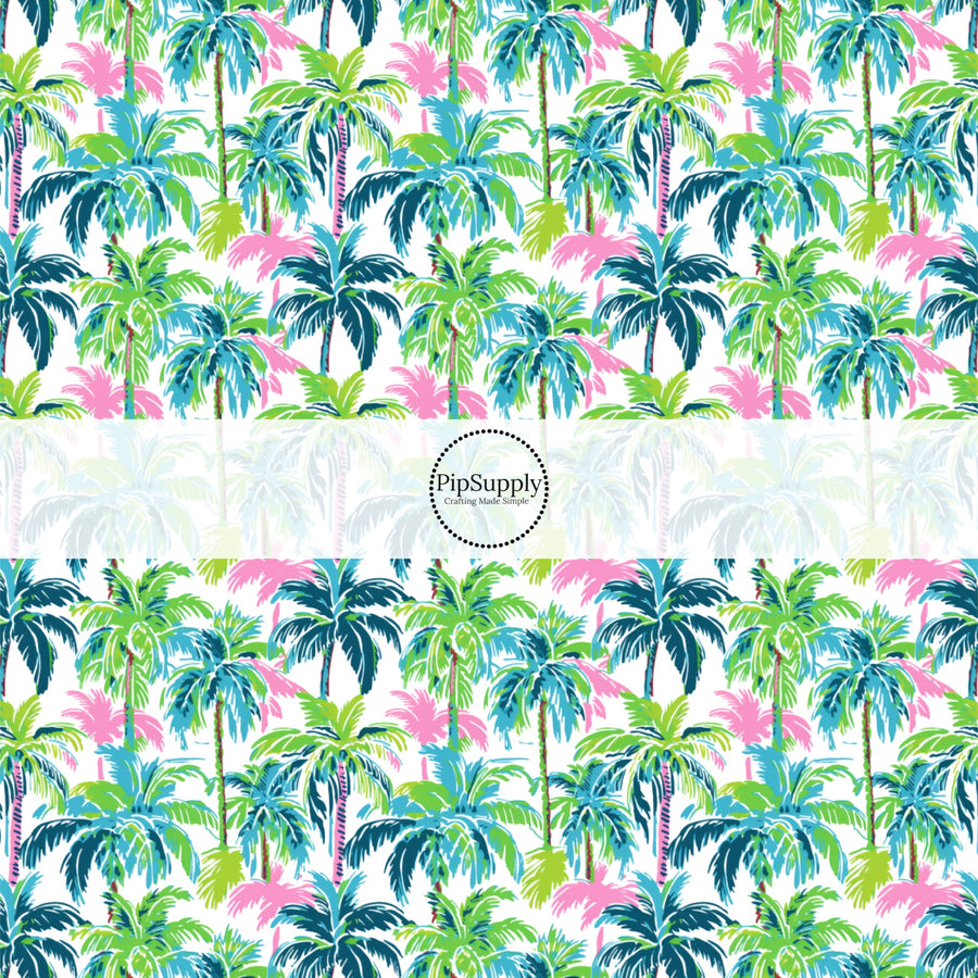 These tropical themed fabric by the yard features tropical palm trees. This fun pattern fabric can be used for all your sewing and crafting needs!