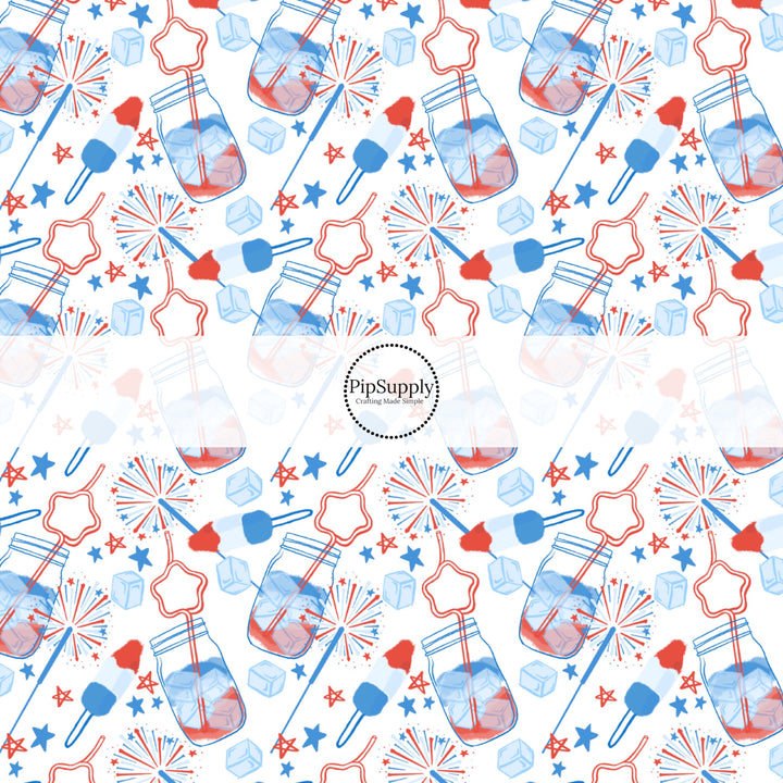 These patriotic fabric by the yard features patriotic fireworks, stars, ice cream, and popsicles. This fun pattern fabric can be used for all your sewing and crafting needs!