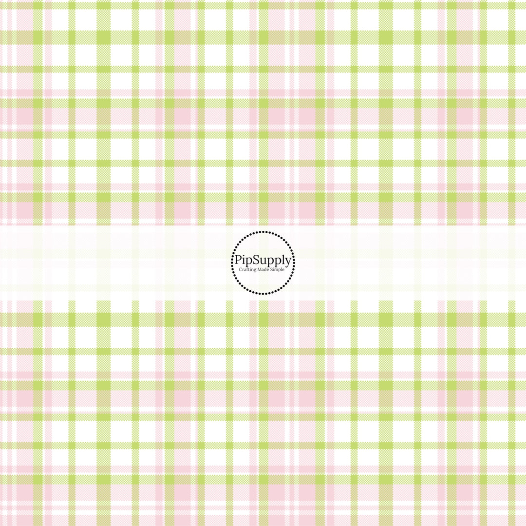This spring themed fabric by the yard features pink and green plaid pattern. This fun pattern fabric can be used for all your sewing and crafting needs!
