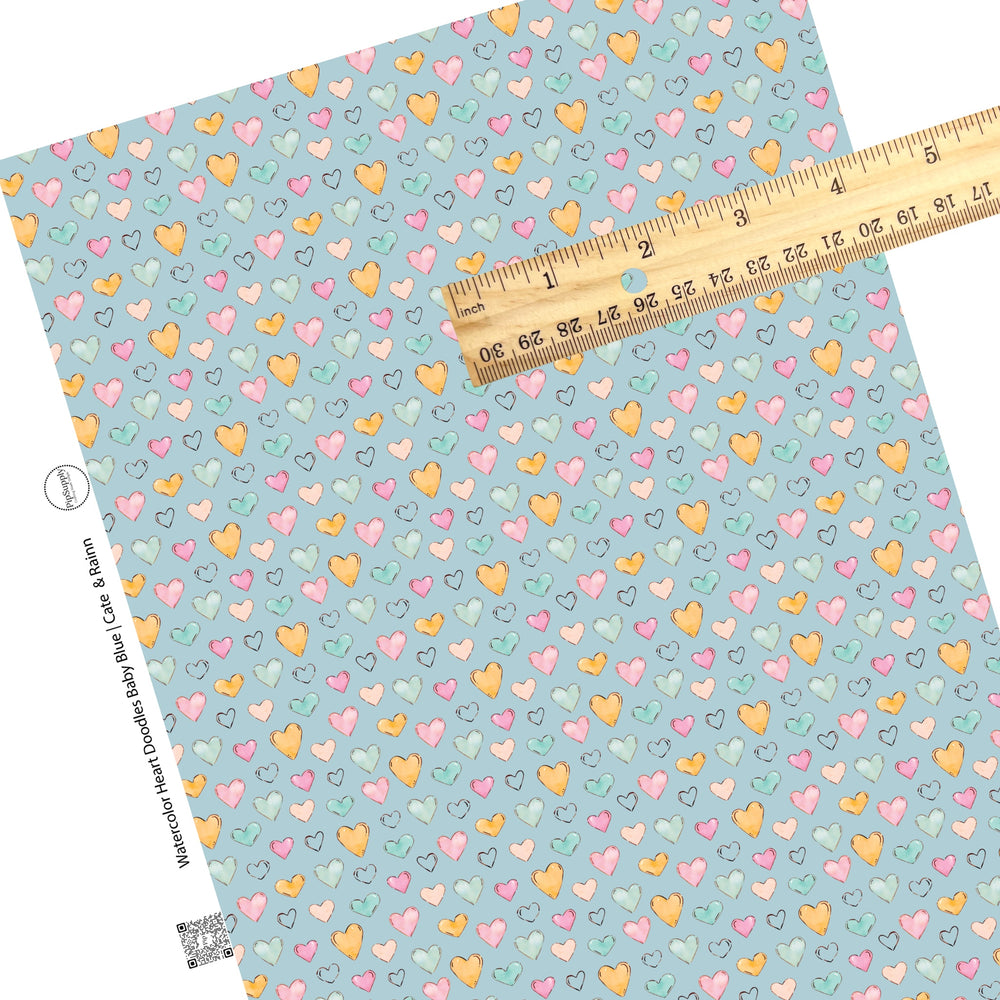 These heart themed blue faux leather sheets contain the following design elements: light pink, orange, and blue watercolor hearts on baby blue. Our CPSIA compliant faux leather sheets or rolls can be used for all types of crafting projects.